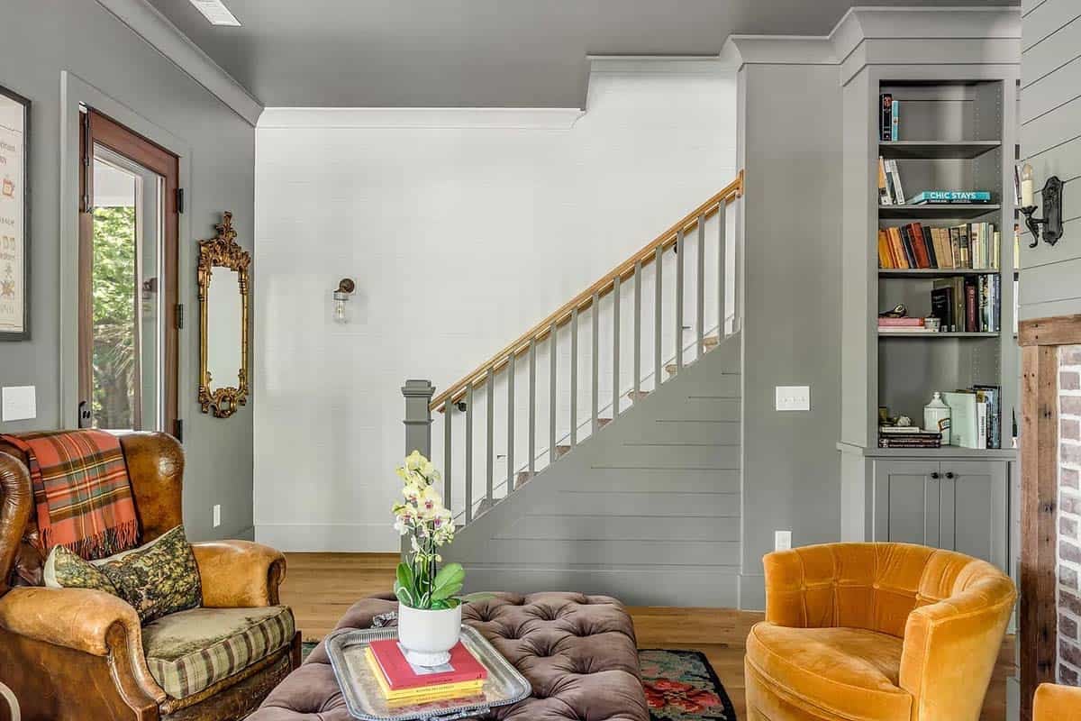 beach style living room and staircase