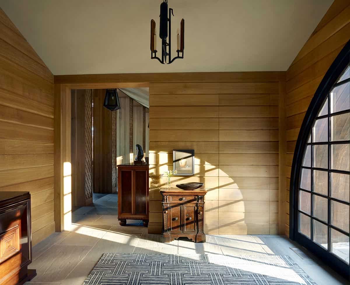 chalet-inspired lake house entry