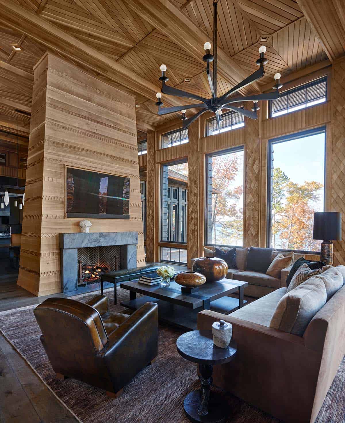 modern rustic living room with a fireplace
