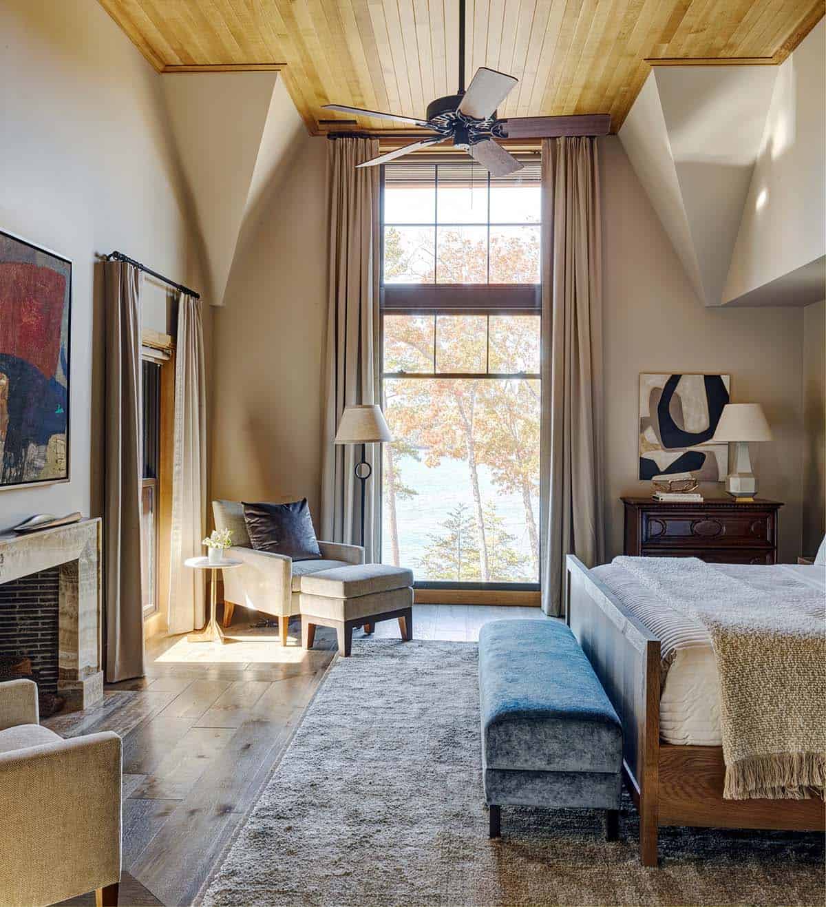 modern rustic bedroom with a fireplace