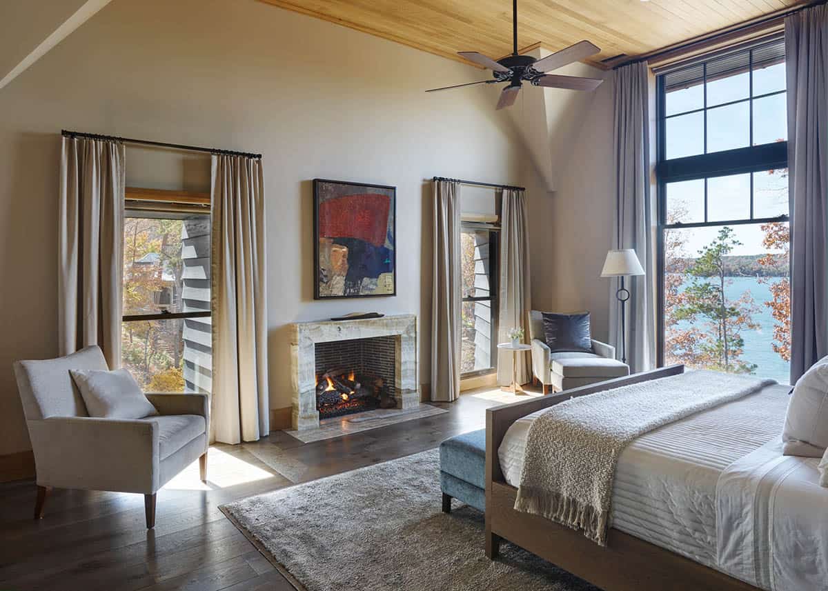 modern rustic bedroom with a fireplace