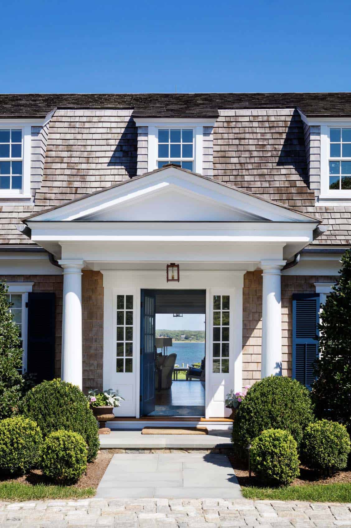 coastal gambrel shingle style home exterior entry