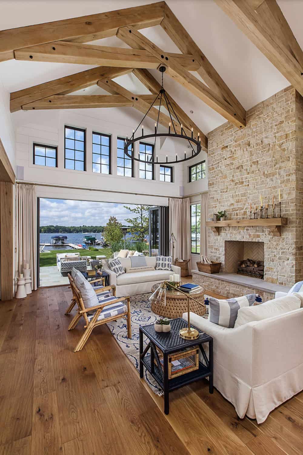 coastal style living room with sliding glass doors