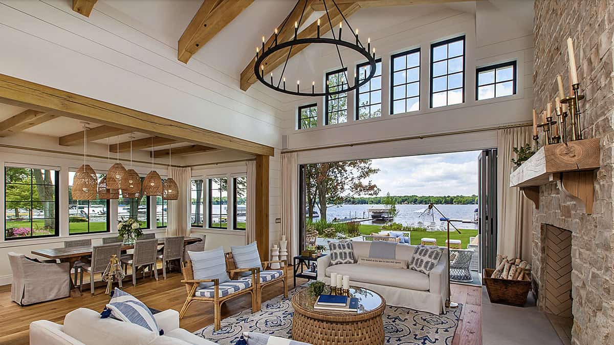coastal style family room and dining room 