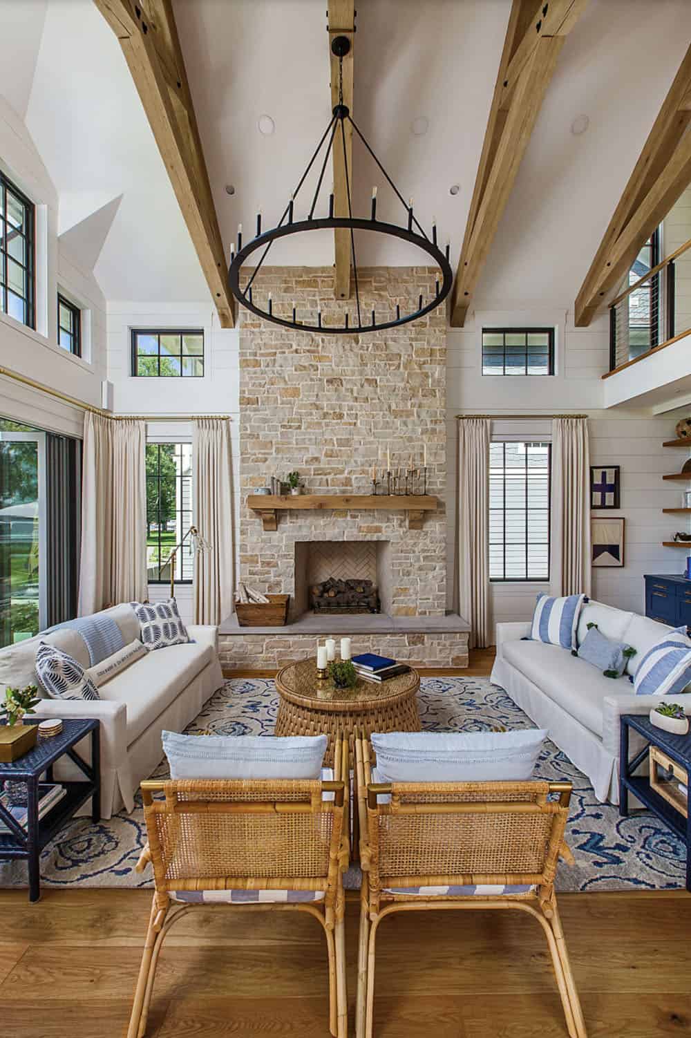 coastal style great room with exposed oak beams