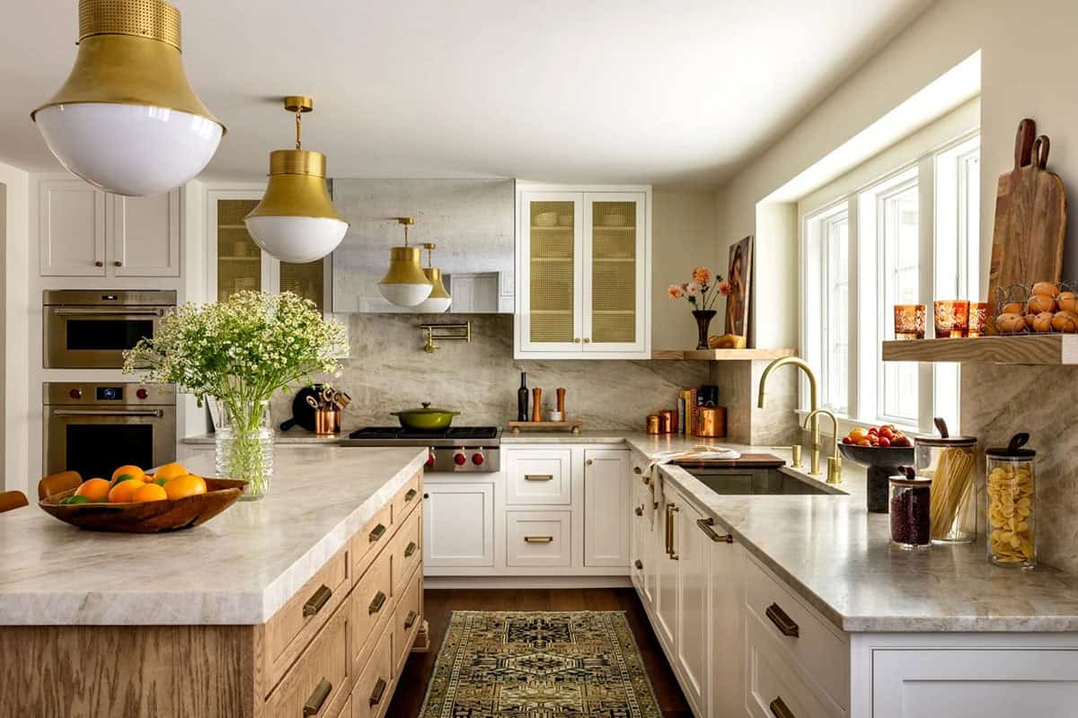 farmhouse style kitchen with large pendant lights