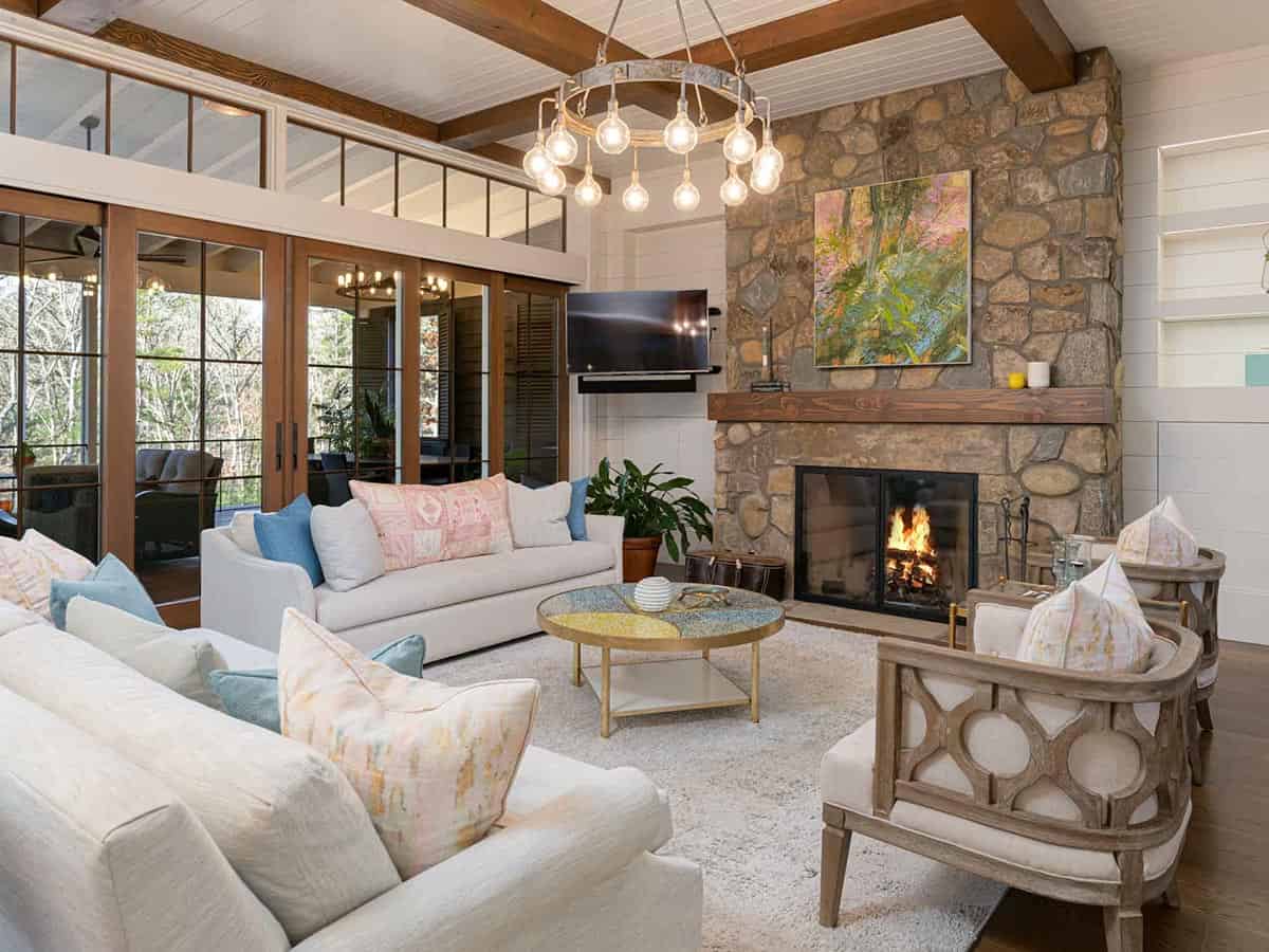 contemporary farmhouse style living room with a fireplace