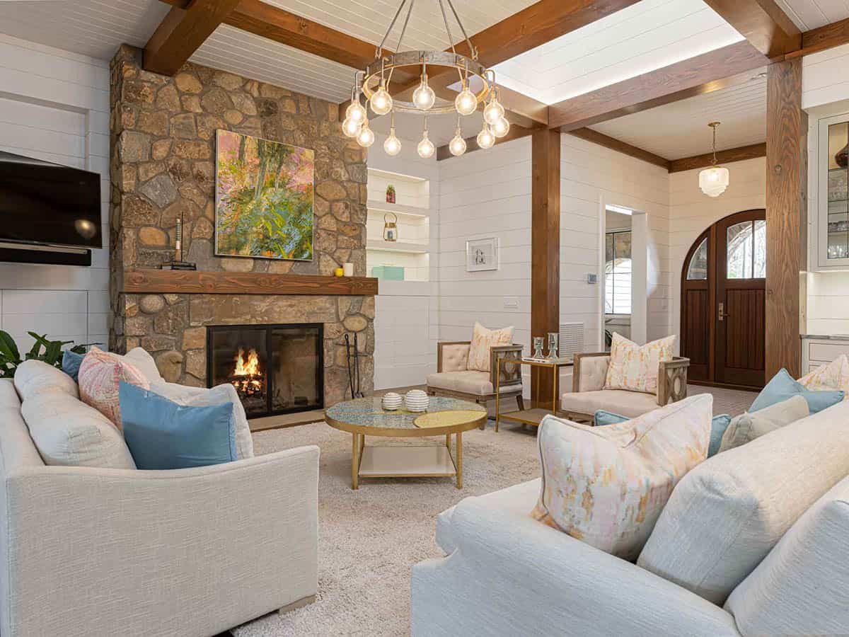 contemporary farmhouse style living room with a fireplace