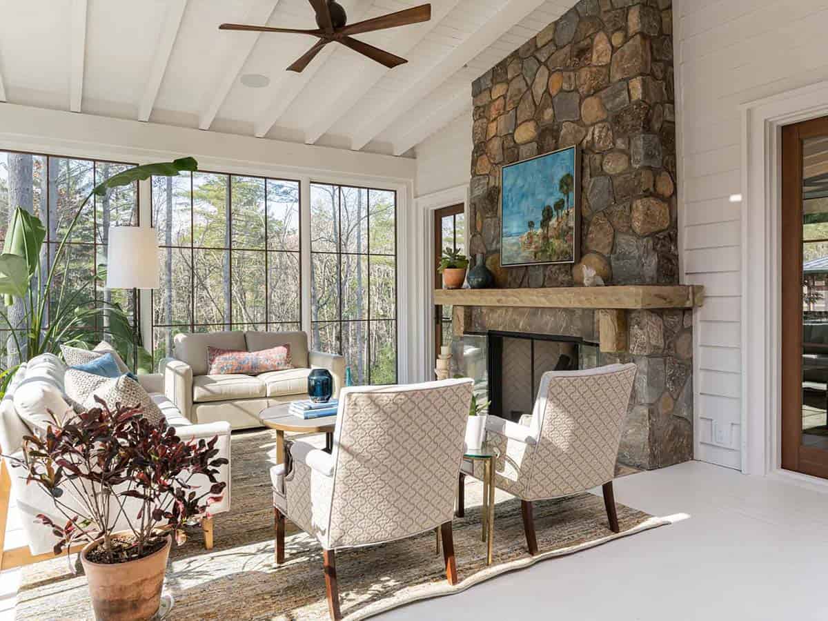 contemporary farmhouse style living room with a fireplace