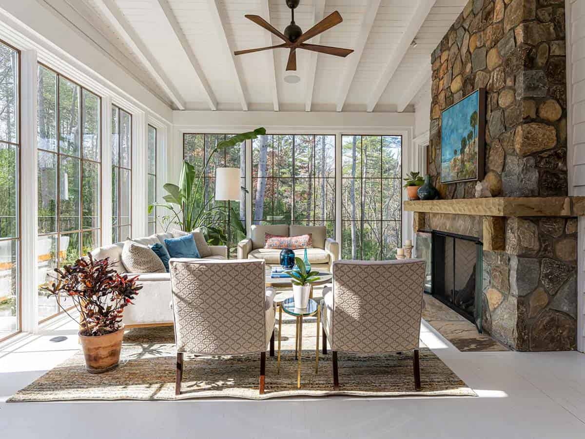 contemporary farmhouse style living room with a fireplace