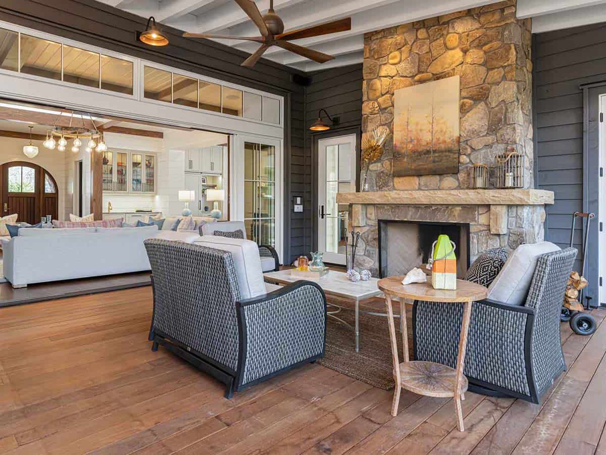 contemporary farmhouse style sunroom with a fireplace
