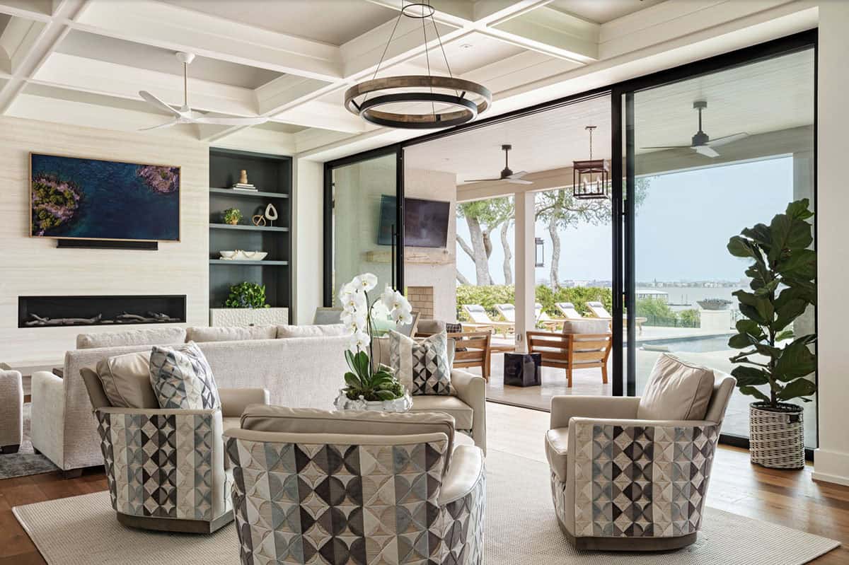 contemporary living room with sliding glass doors