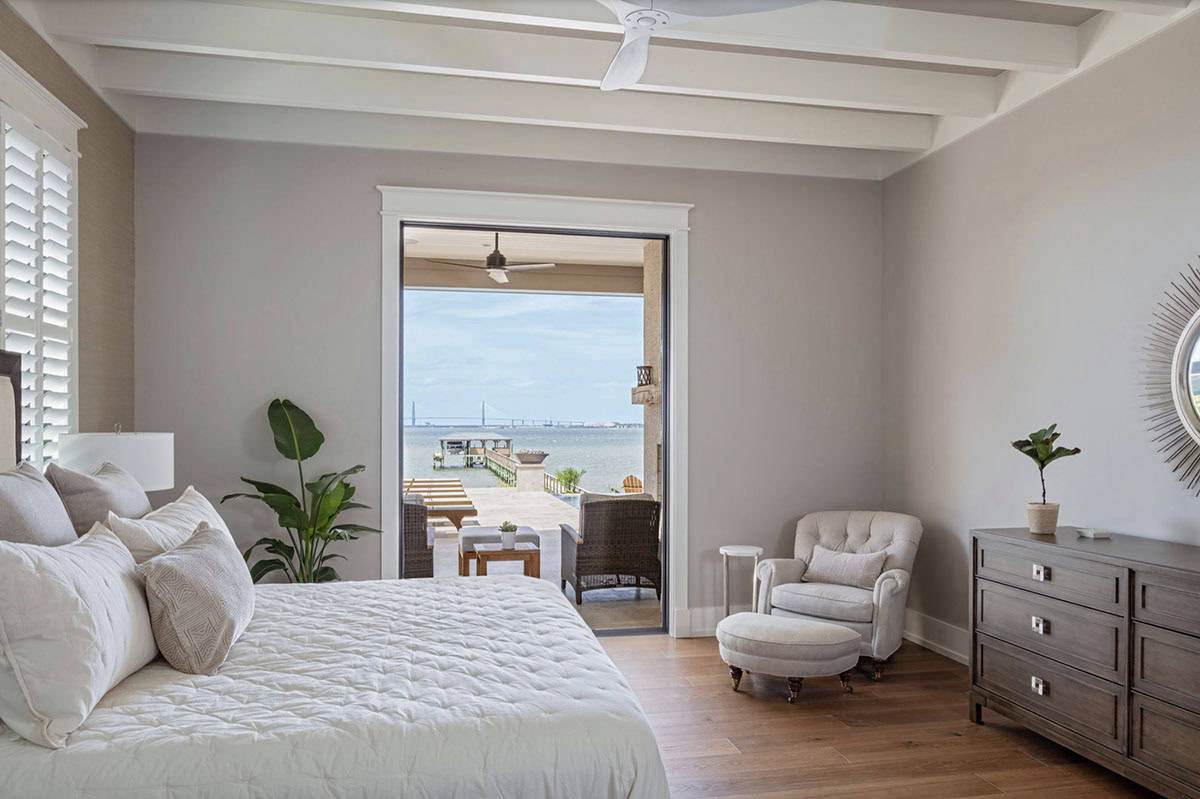 contemporary bedroom with a private patio