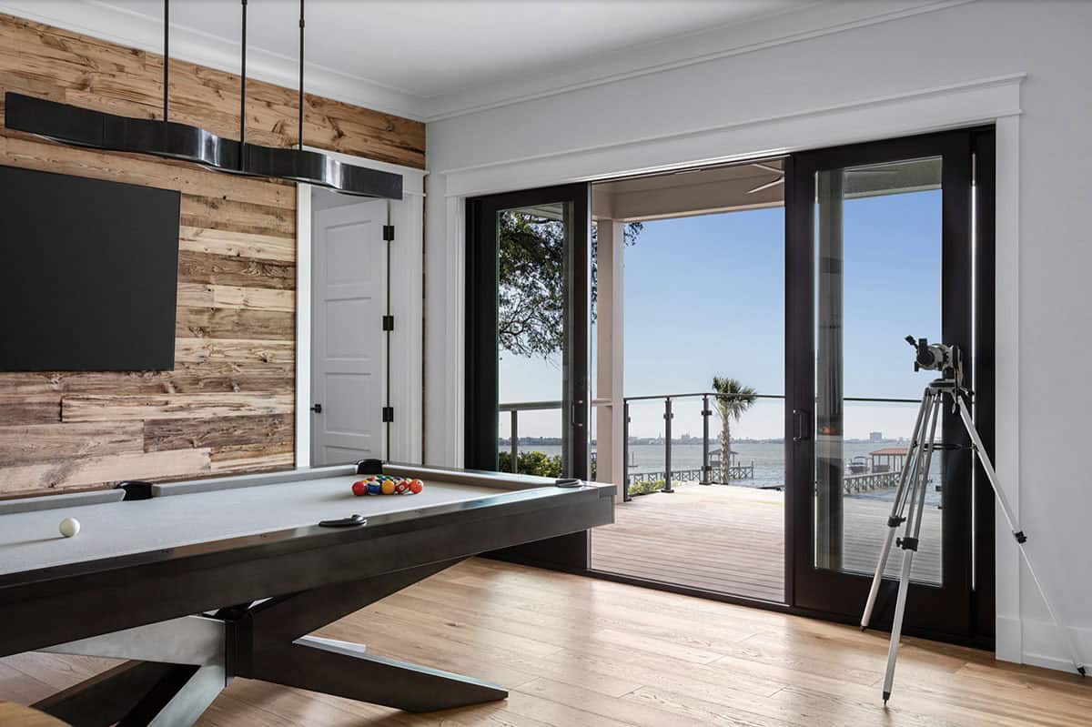 contemporary family room with sliding glass doors