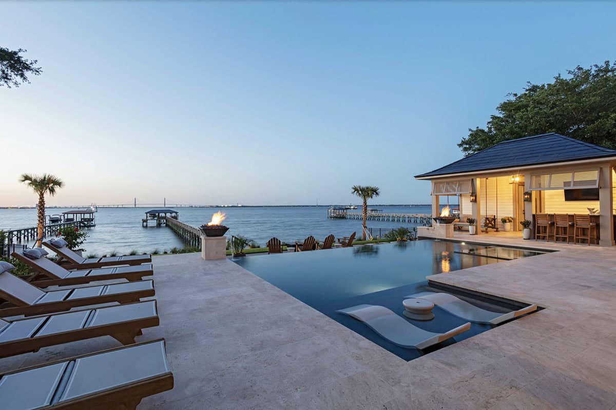 contemporary home exterior with a pool at dusk