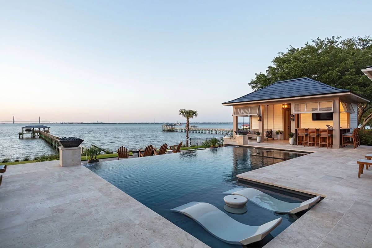 contemporary home exterior with a pool at dusk