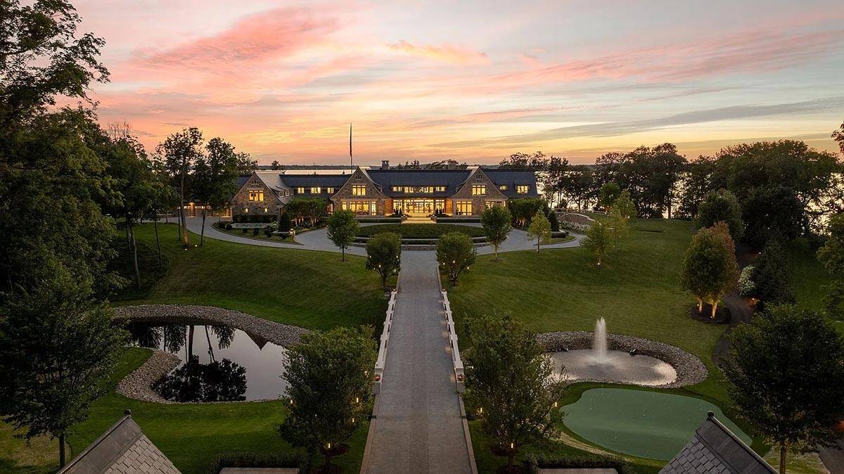 lake house exterior at dusk