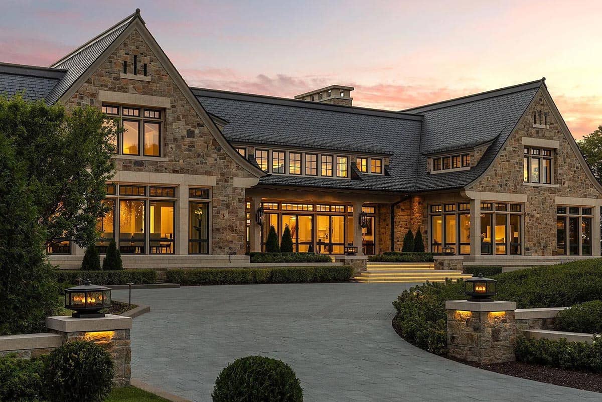 lake house exterior at dusk