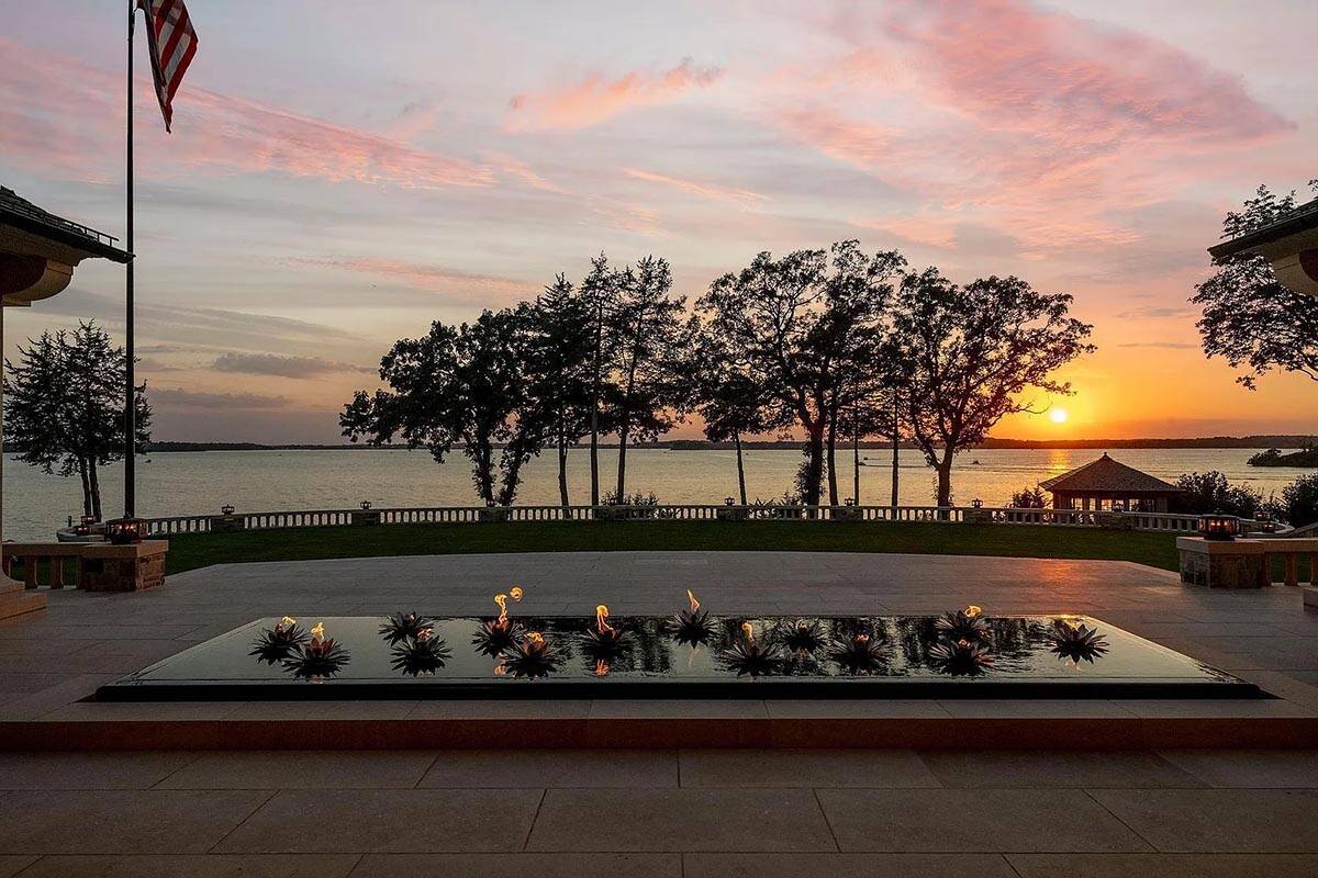 lake house exterior at dusk