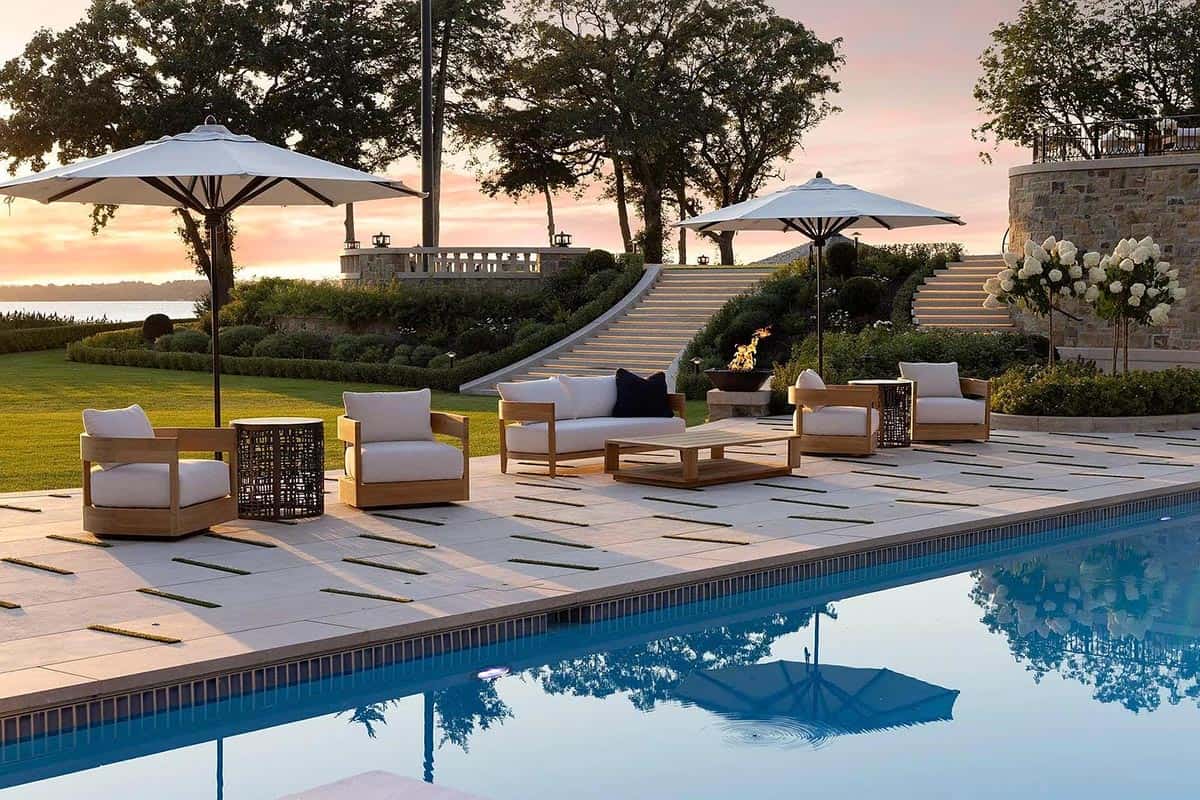 lake house exterior with a pool