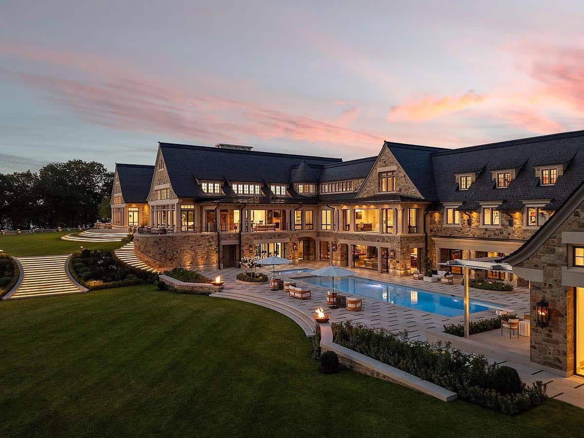 lake house exterior at dusk