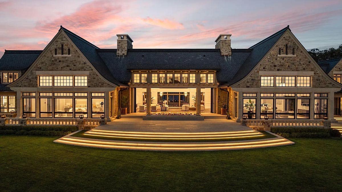 lake house exterior at dusk