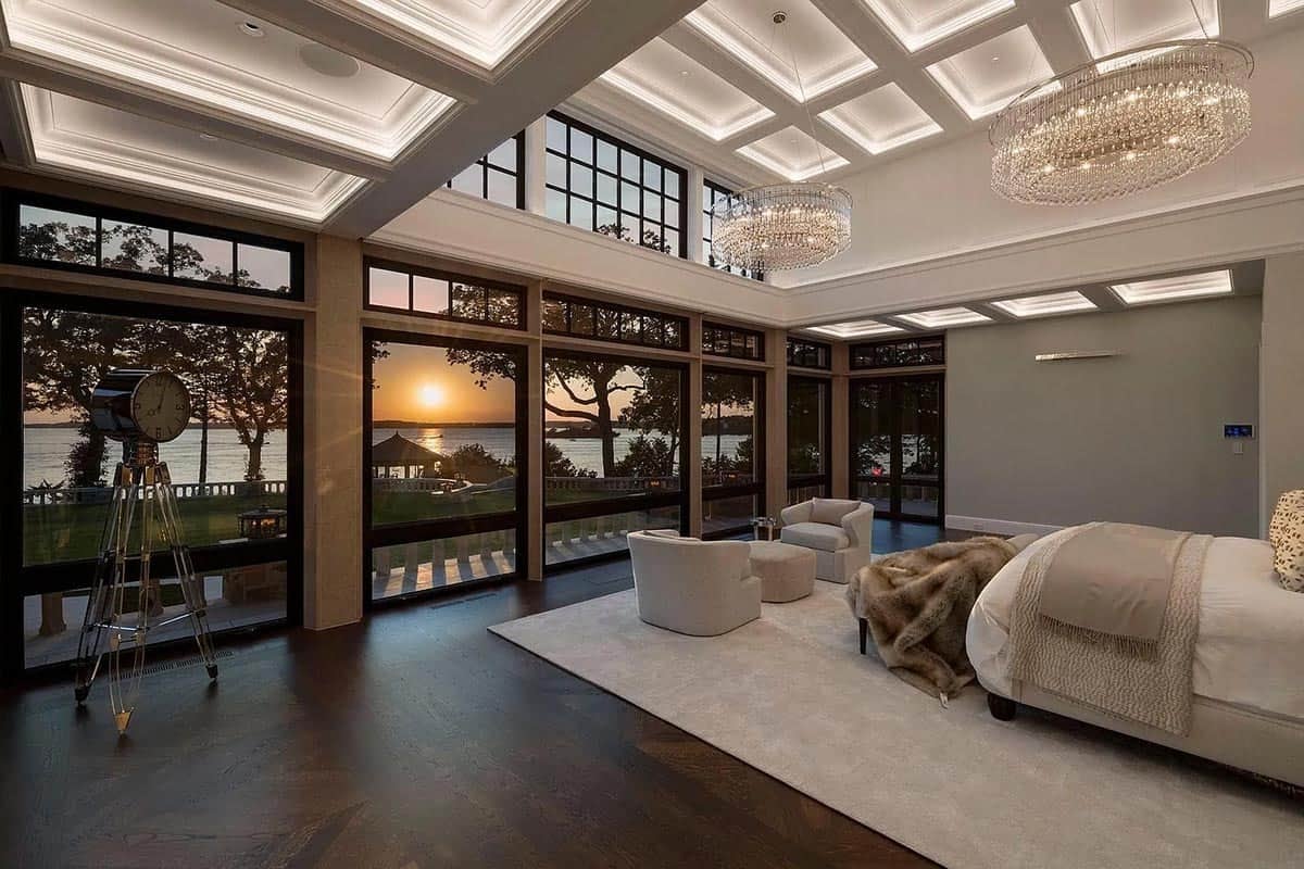 contemporary bedroom with large windows
