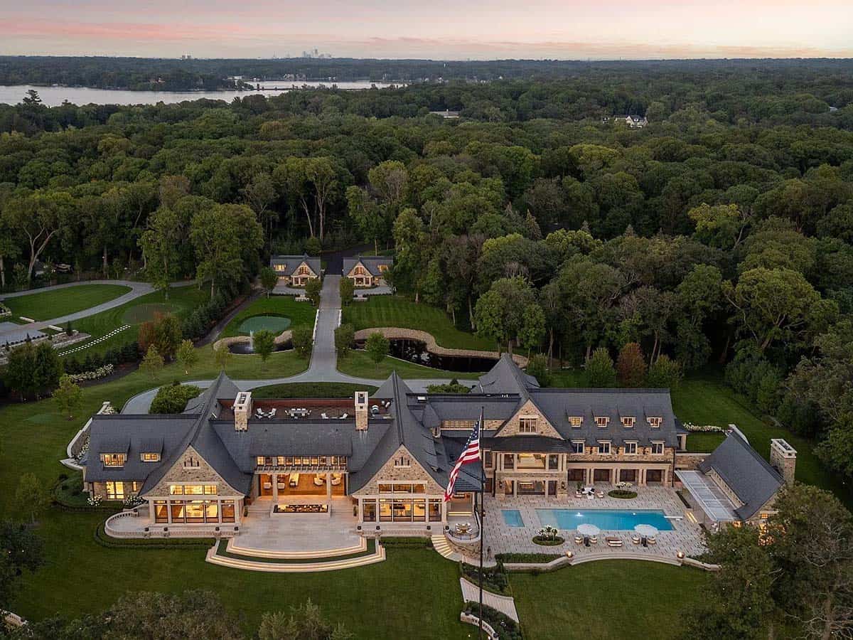 contemporary lake house exterior aerial view