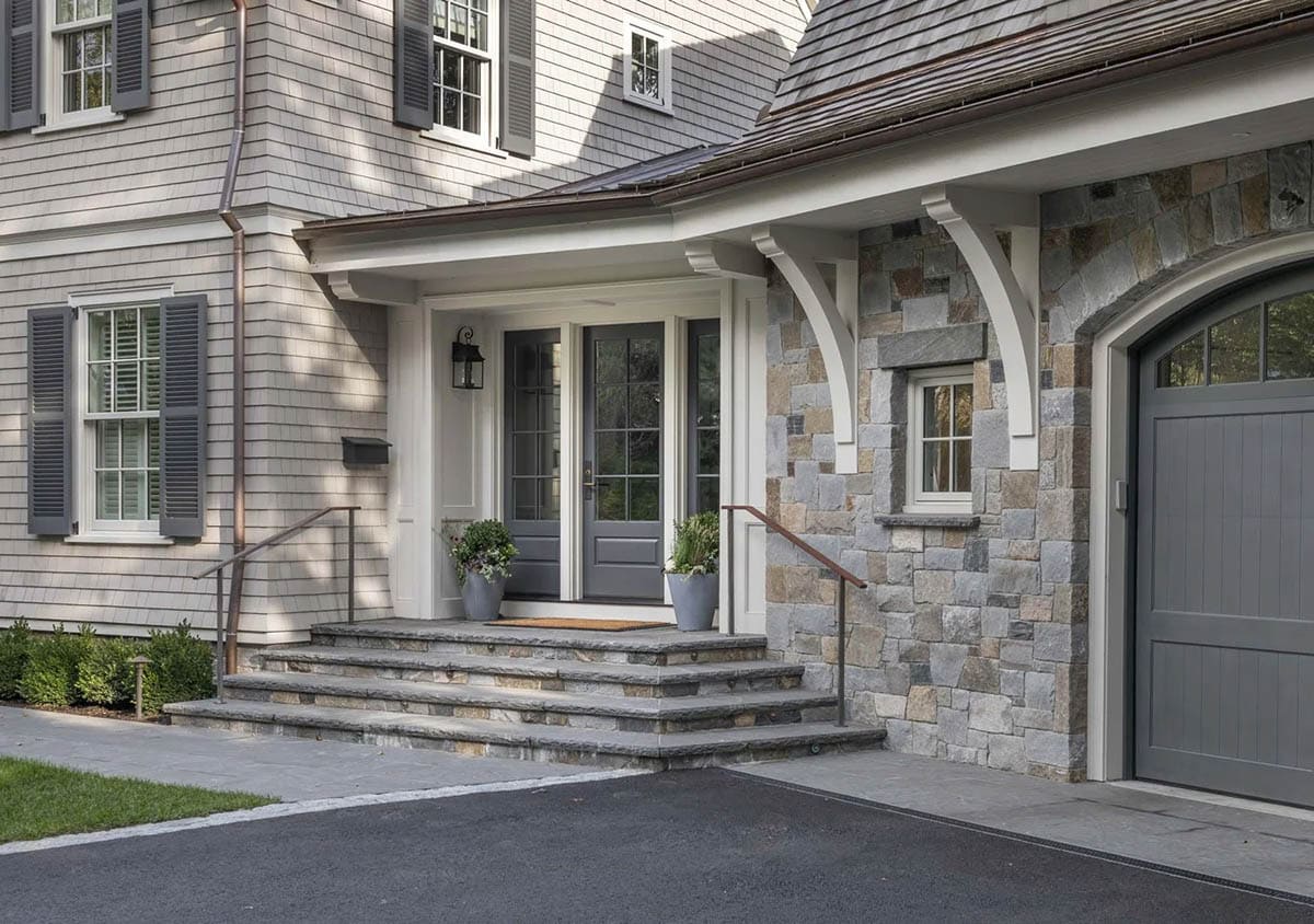 contemporary lake house exterior entry