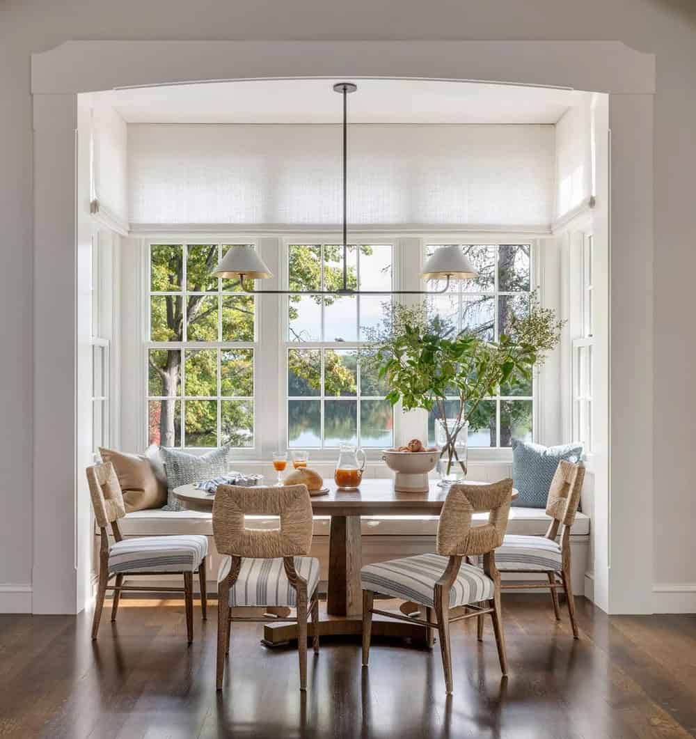 contemporary breakfast nook with a built-in banquette and bay window