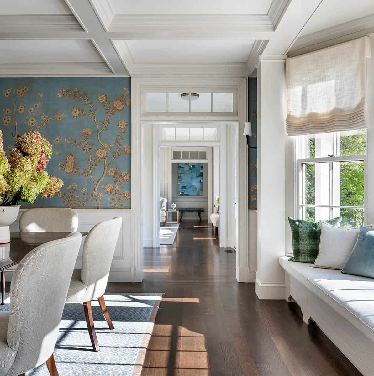 contemporary dining room with a built-in window seat
