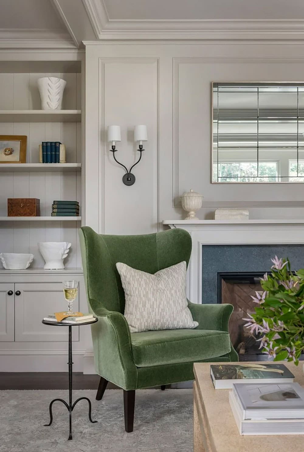 contemporary living room with a fireplace