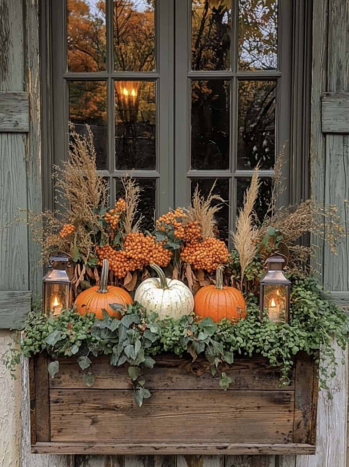 fall decorated window box with lanterns and pumpkins