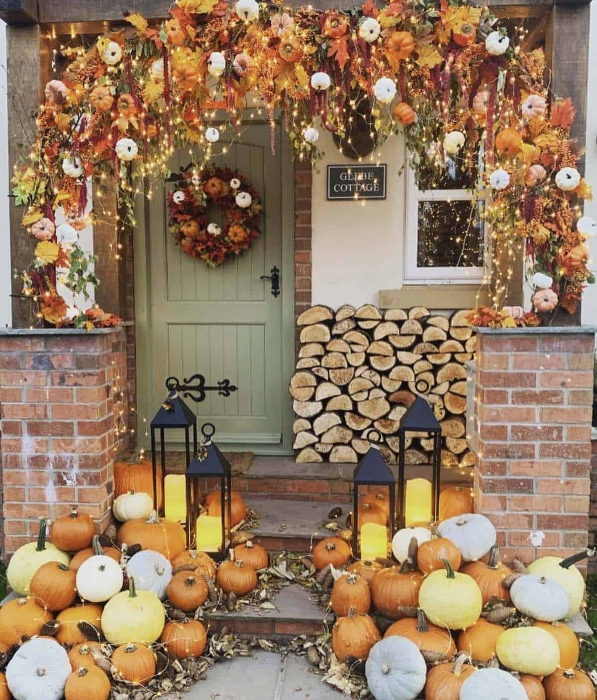 fall porch decor with lanterns