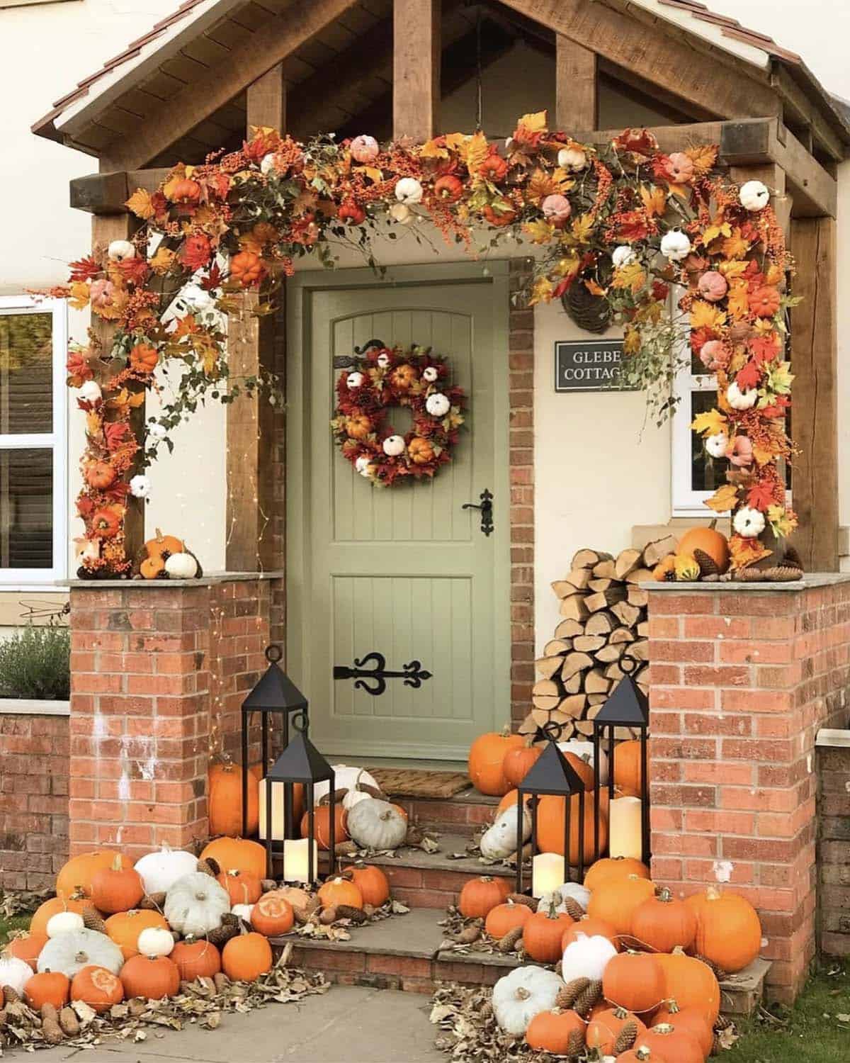 fall porch decor with lanterns