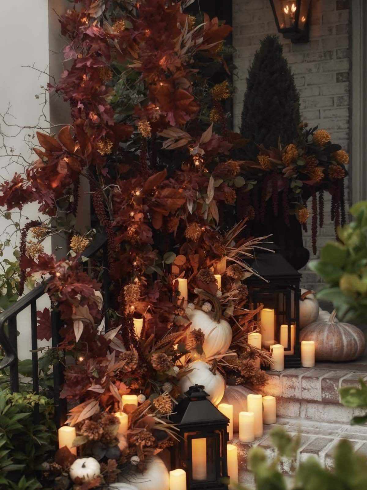 fall porch decor with lanterns and candles