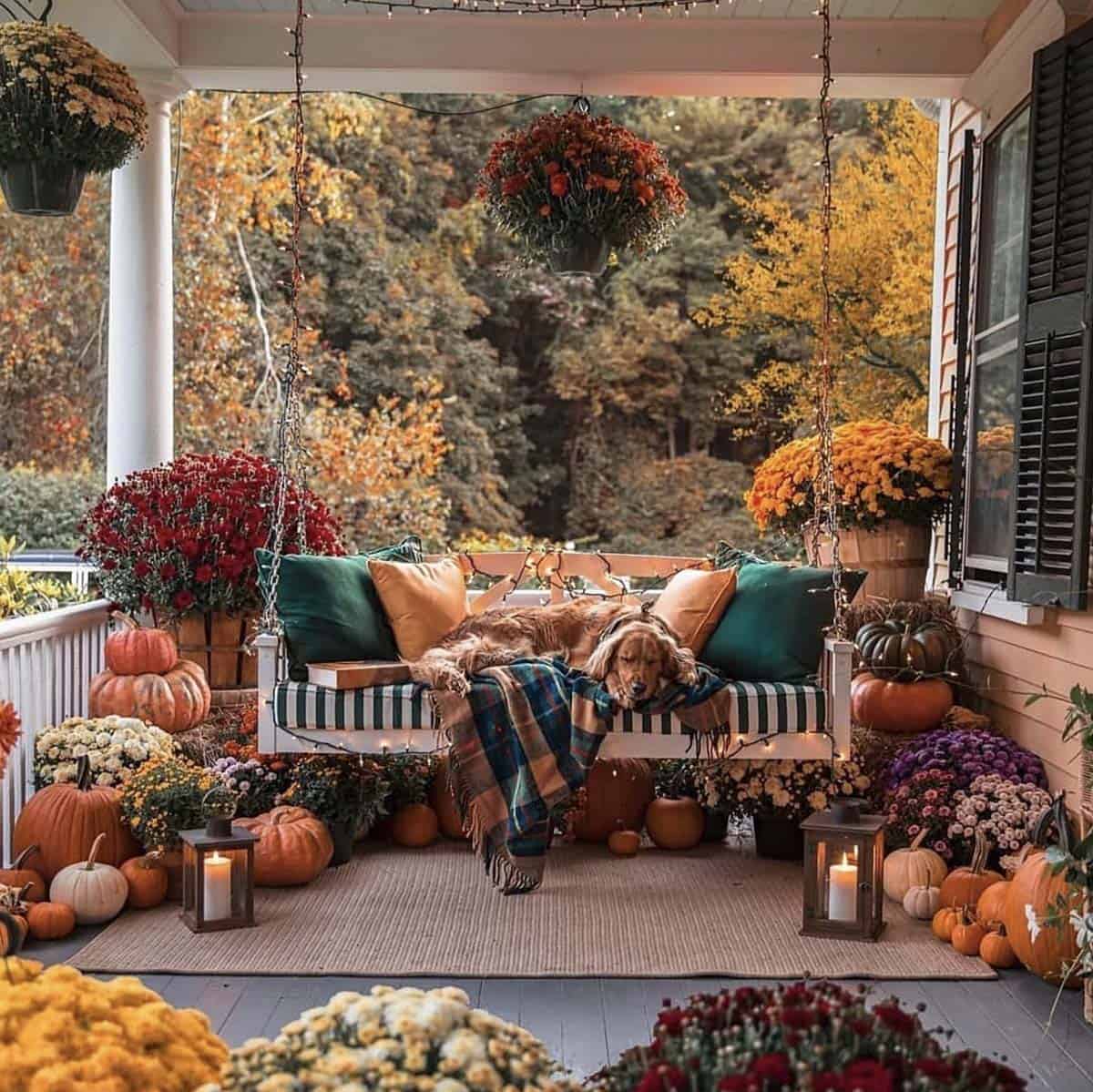 fall patio decor with pumpkins, mums, and lanterns