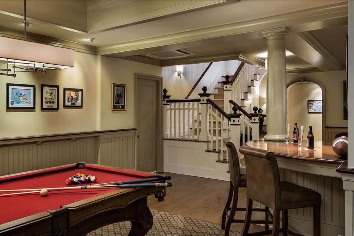 craftsman style basement with a pool table