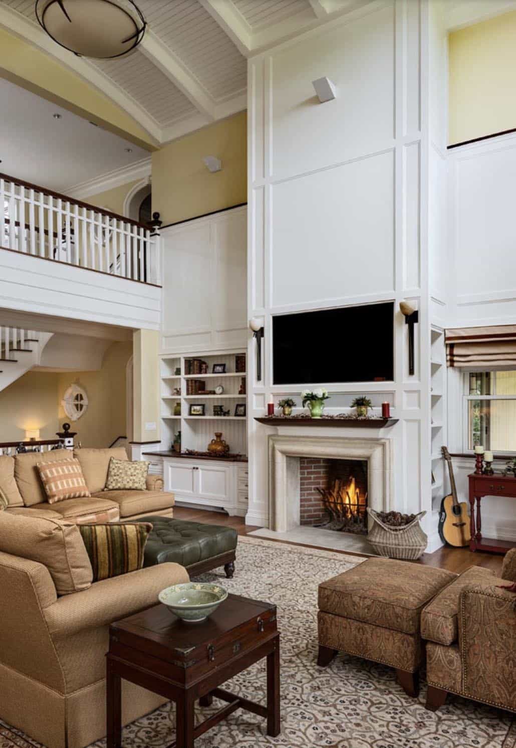 craftsman style living room with a fireplace