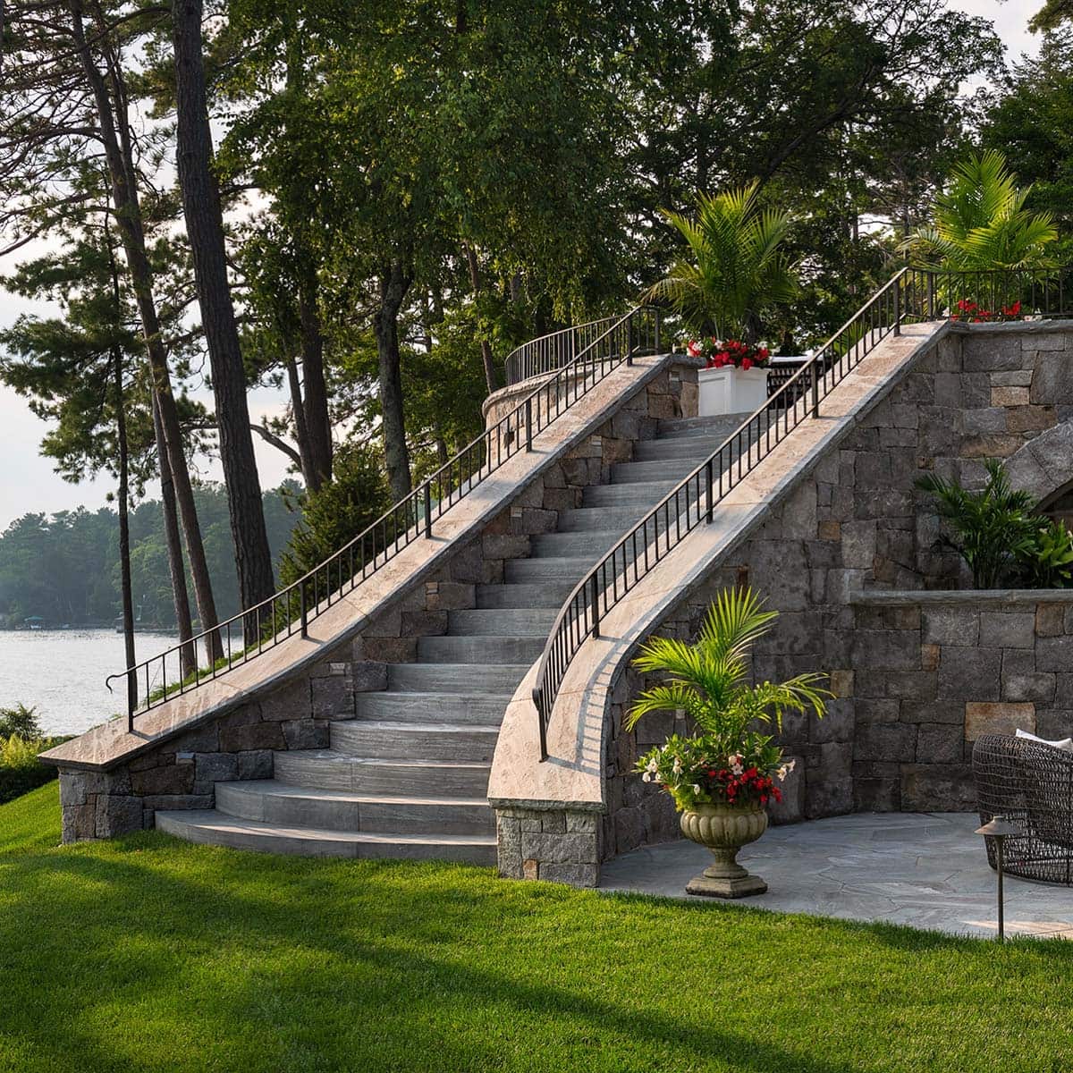 lake house exterior with a staircase