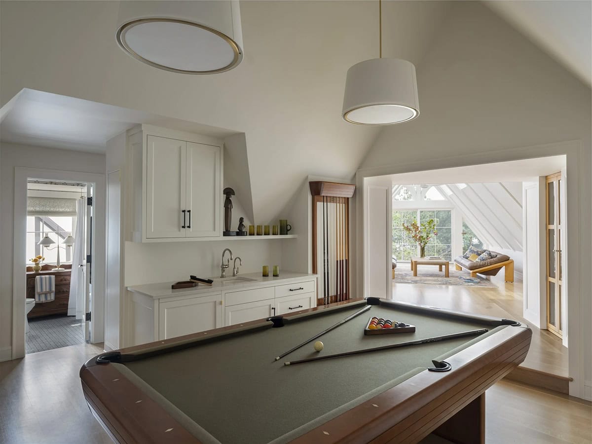 contemporary family room with a pool table