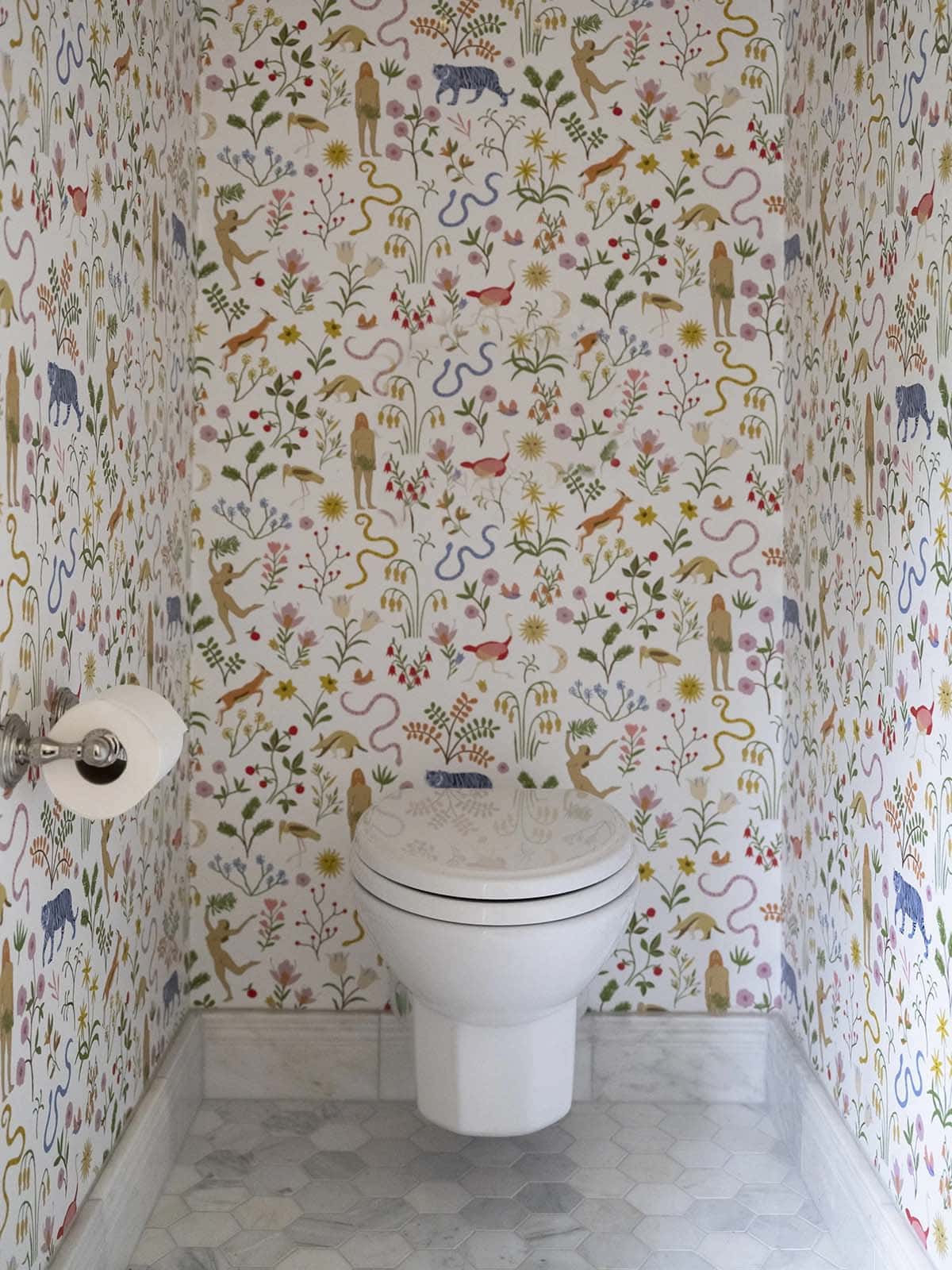contemporary powder room with wallpaper