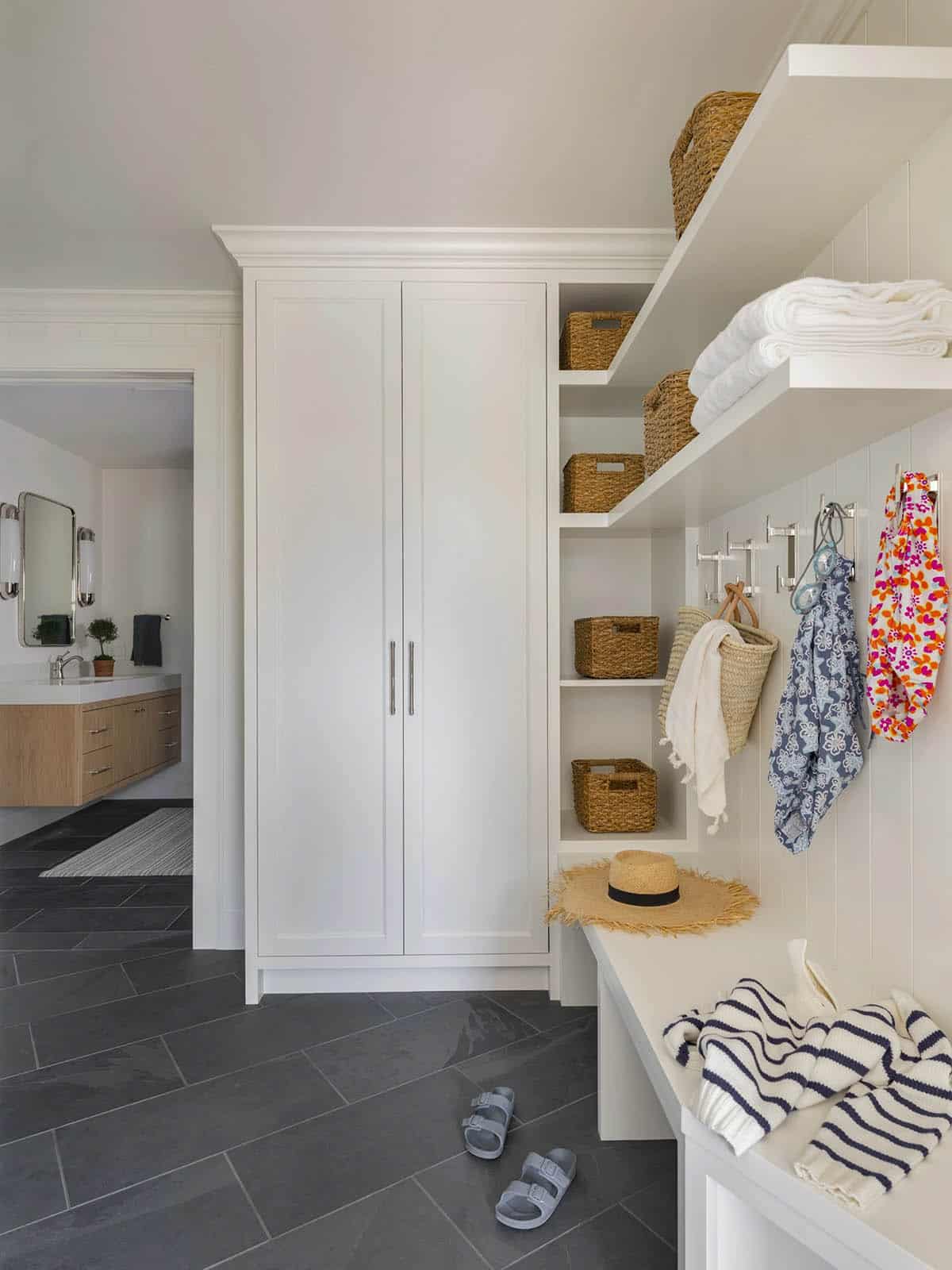 contemporary change room with a built-in bench