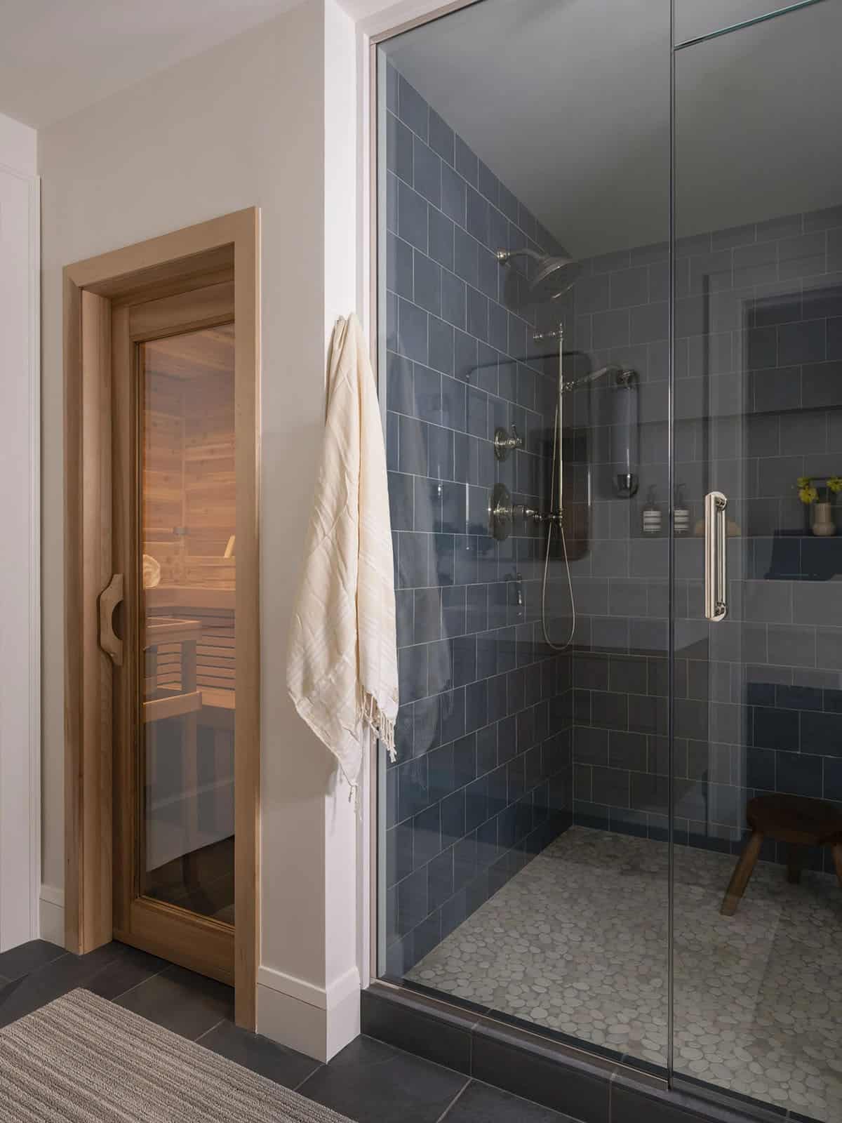 contemporary home sauna and shower room