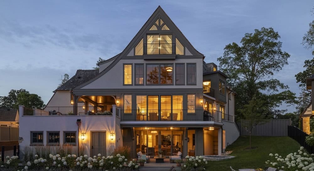 tudor house exterior at dusk