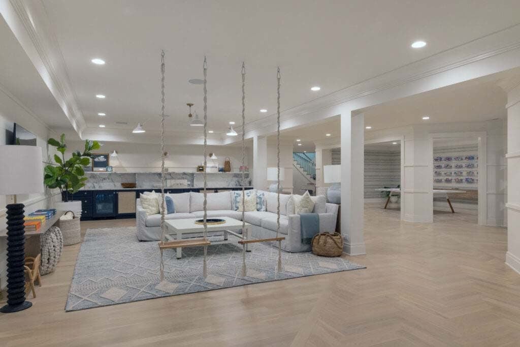 contemporary basement level entertainment area 