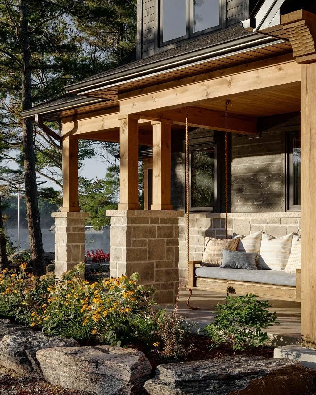 traditional style lake house covered porch