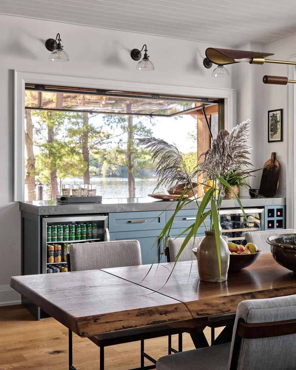 transitional style lake house outfoor bar with a beverage chiller