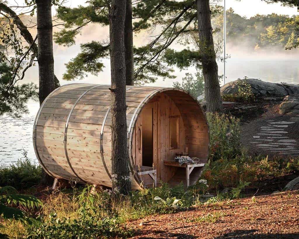 transitional style lake house outdoor sauna