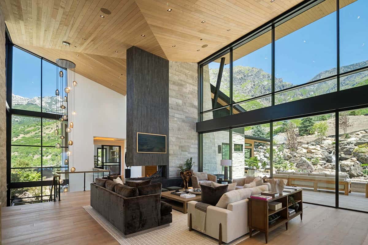 modern living room with a fireplace
